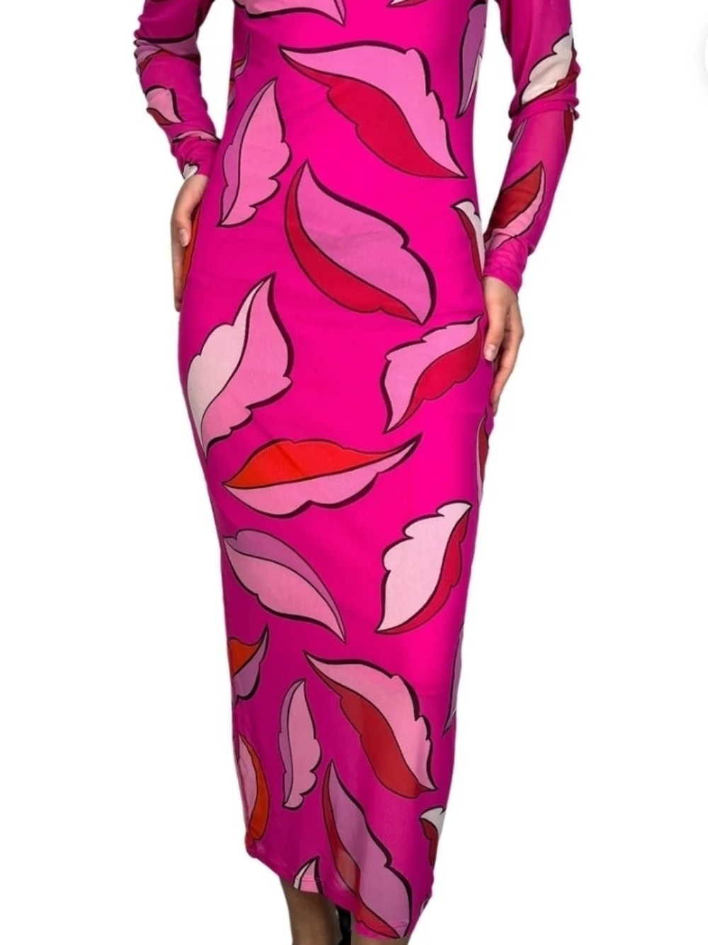 Hot Pink Lip-Print Long Sleeve Midi Dress